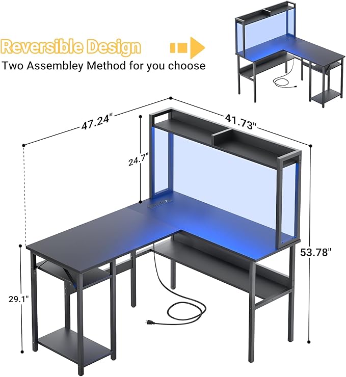 Unikito L Shaped Gaming Desk with LED Strip and Power Outlets Reversible L-Shaped Computer Desk with Storage Shelves Corner Desk with Hutch 2 Person Home Office Desk Black