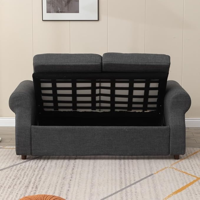 Panana Modern 2 Seater Loveseat Sofa Couch with Storage Dark Grey or Light Color Choice of Curved Sock or Track Arm Design (Dark Gray 3 Seater - Scroll Arms)