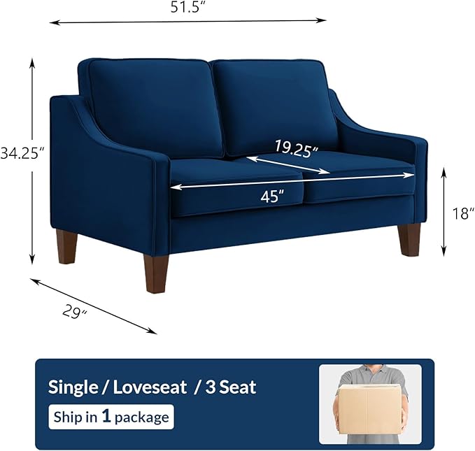 51 inch Velvet Modern Loveseat Sofa CouchComfy Mid-Century Vintage Loveseat with Curve Armrest for Living RoomBedroomApartmentStudioNavy Blue