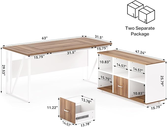 LITTLE TREE 63 Office Desk and 47 File Drawer Cabinet Large Computer Desk Study Writing Desk Workstation for Home Office
