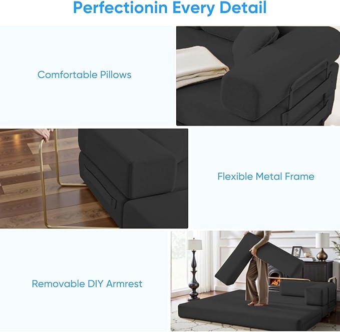 Mjkone 78.7 W Convertible Folding Mattress Couch with Armrest Corduroy Floor Sofa Bed with Metal Fixed-Shape Frame 5-in-1 DIY Futon Lazy Sofa Cama Lounge Couch for Living Room Bedroom Studio Grey