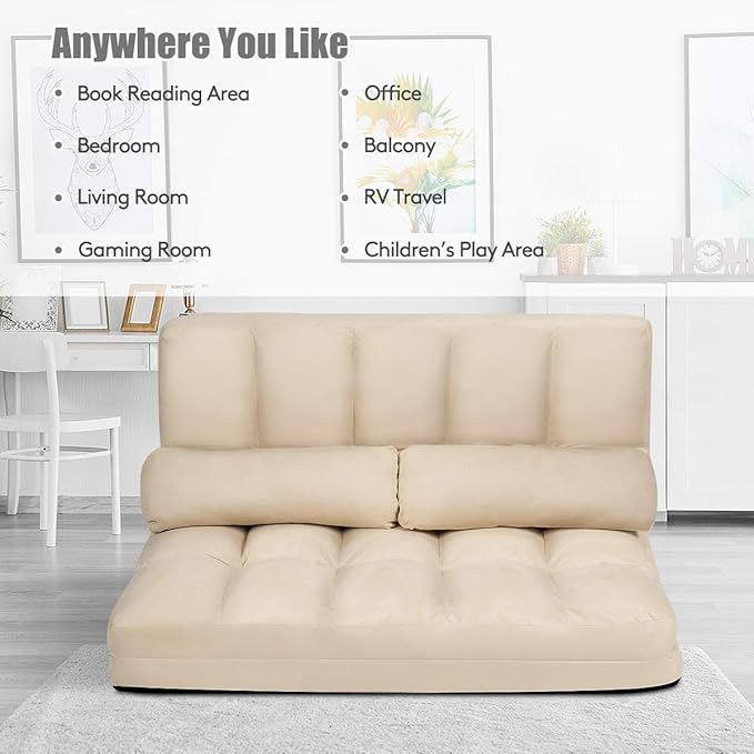 S AFSTAR Safstar Floor Folding Couch and Futon Sofa 6-Position Fabric Sleeper Sofa Bed with 2 Pillows and Sponge Filling Adjustable Lazy Sofa for Living Room and Bedroom(Beige)