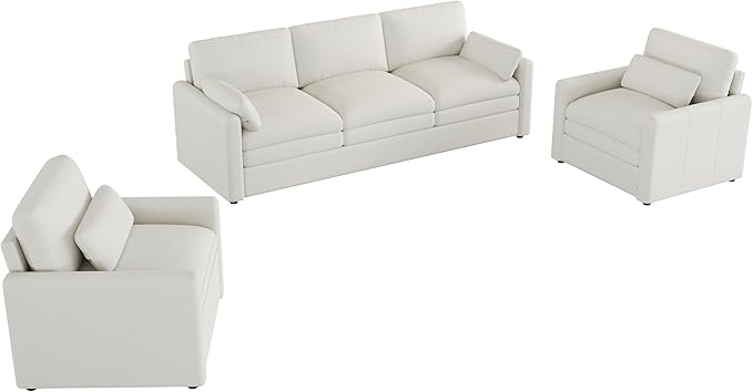 3-Piece Cozy Upholstered Sofa Set Upholstered Sofa Set with 2 Single Sofa Oversized Comfy Cloud Sofa for Living Room Office Apartment (Beige-6c)
