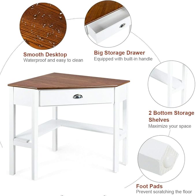 Corner Desk Compact Home Office Corner Desk Organizer90 Degrees Triangle Computer Laptop Writing Table for Small Spaces with Storage Shelf and Drawer (Natural)