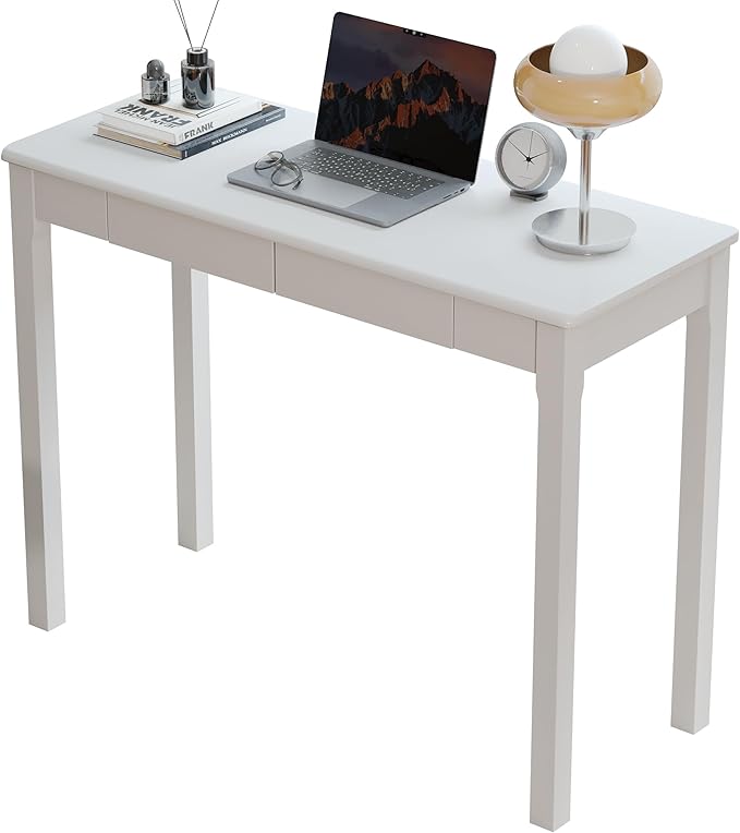 Solid Wooden Desk with Drawers - 39 x 16 Inch Modern Narrow Desks Rubberwood Simple Study Table Small Writing Desk for Bedroom|Small Spaces - White Desks