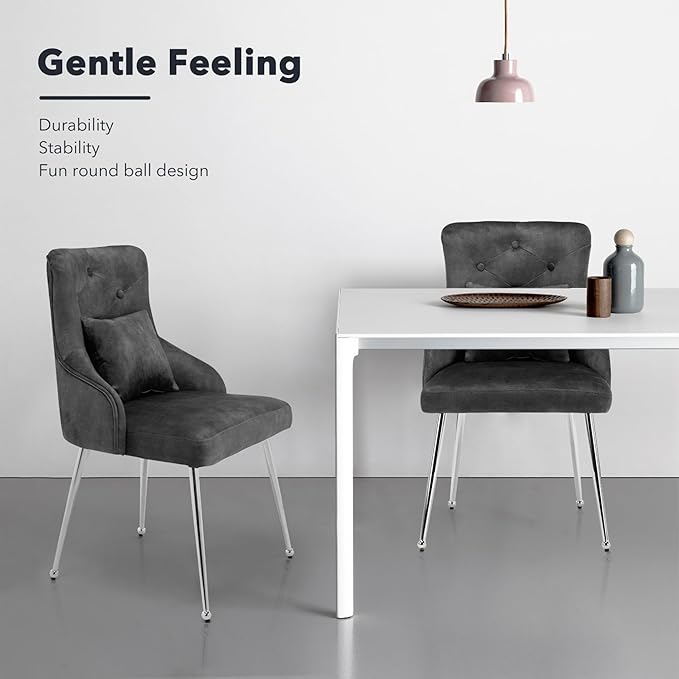 Velvet Vanity Chairs Upholstered Makeup Accent Reading Chair Office Desk Vanity Stool Chairs with Metal Legs for Kitchen Bedroom Living Room Dark Grey