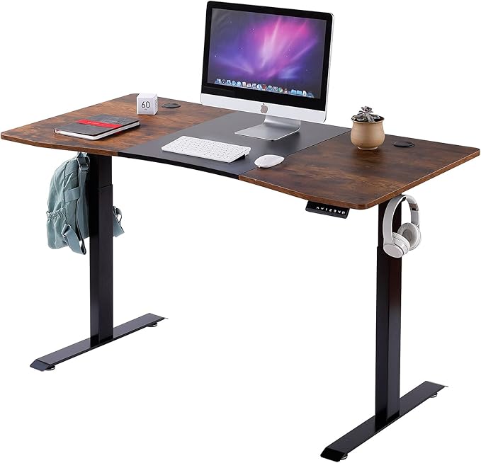 UNICOO - Dual Motor Electric Standing Desk 59x29.5 Inches Computer Desk Gaming Desk with USB Charging and Hooks (Black Frame/Black + Rustic Brown Top) XOT-D59-BM