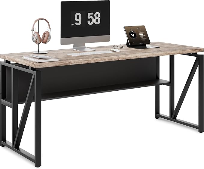 LITTLE TREE 55-Inch Executive Office Desk Large Computer Desk with Storage Shelf Executive Desk with Metal Frame Thickened Desktop Study Writing Desk Work Station for Home Office Grey Black
