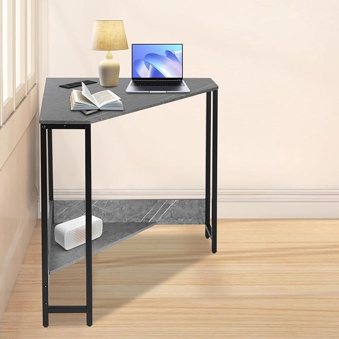 Small Corner Desk with Outlet Corner Table for Small Space Industrial Computer Desk w/USB Ports Triangle Desk for Home Office Workstation Living Room Bedroom (Grey)