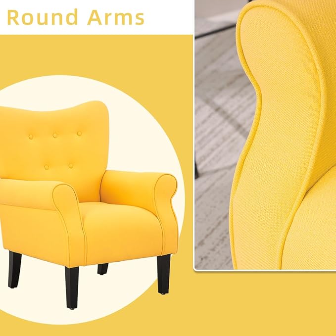 YOLENY Modern Accent ChairHigh Back ArmchairUpholstered Fabric Button Single Sofa with Wooden Legs for Living RoomBedroomClubYellow
