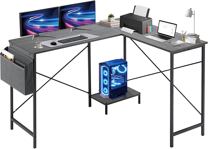 Living&ampGiving L Shaped Gaming Desk 49 Black Home OfficeBedroom Computer Table for Study Standing Executive Desk with CPU Storage Shelf &amp Side Bag Grey