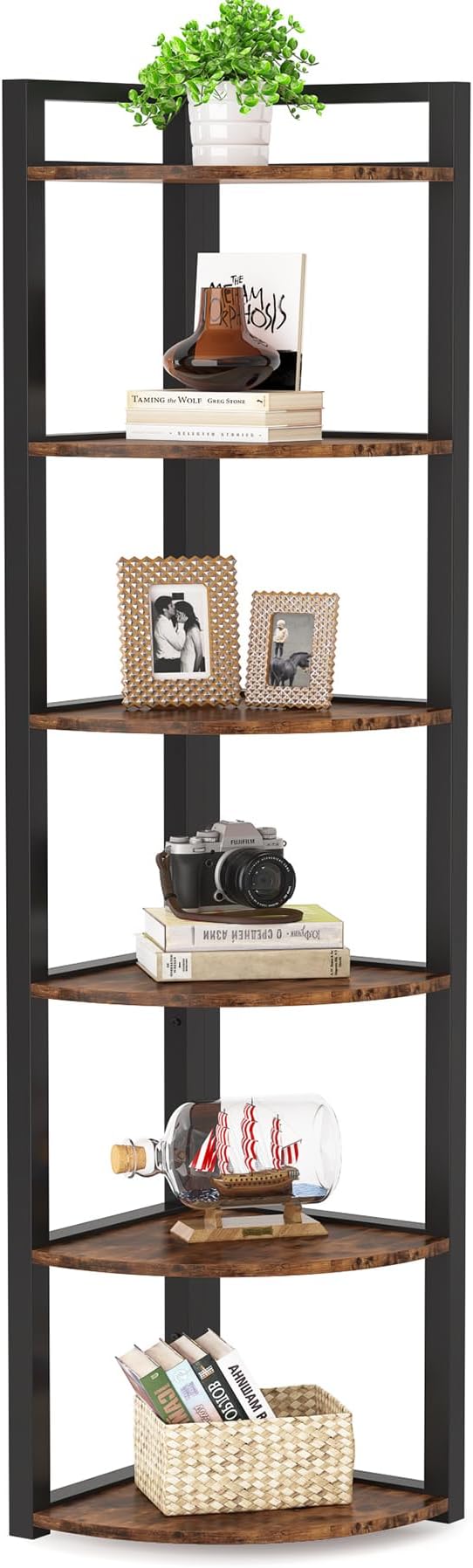 LITTLE TREE 6-Tier Corner Shelf 70.86 Industrial Corner Bookshelf with Metal Frame Narrow Tall Corner Bookcase for Living Room Home Office Kitchen