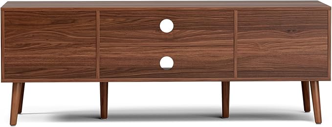 TV Stand for Living Room Mid Century Modern Entertainment Center for 55/60 inch TVs TV Console with Fluted Door Cabinets and Open Shelves for Bedroom Walnut