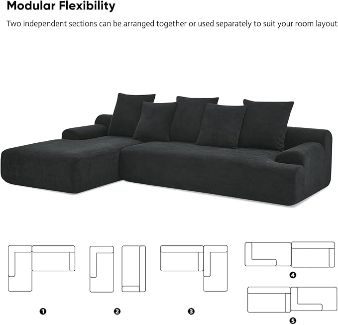 JOYBASE 110 Modular Sectional L-Shaped Cloud Couch Minimalist 4 Seat Couch with Deep Seat Left Facing Chaise for Living Room Office No Assembly Required (Black)