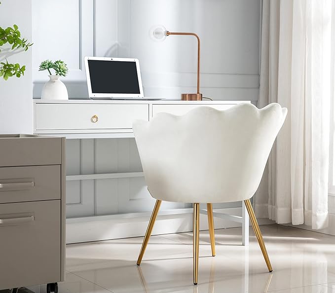 chairus Cream White Makeup Vanity Chair with Back Small Modern Velvet Upholstered Accent Chair with Gold Metal Legs Cute Shell Shaped Vanity Stool Desk Chair for Living Room Bedroom Dressing Room