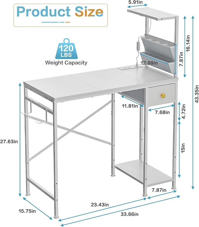 33.7 Computer Desk with Power Outlets LED Lights &amp Drawer Small Office Desk with Storage Bag &amp Hooks Gaming Desk for Bedrooms or Home Office Compact Study Desk for Small SpacesWhite