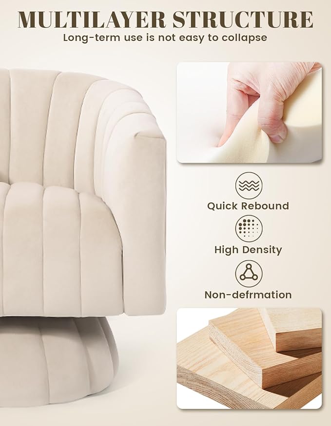Kromax Swivel Accent Chair with Armrest Mid Century 360 Degree Swivel Barrel Chair Overstuffed Tufted Velvet Ideal for Living Room Bedroom Reading Room Beige