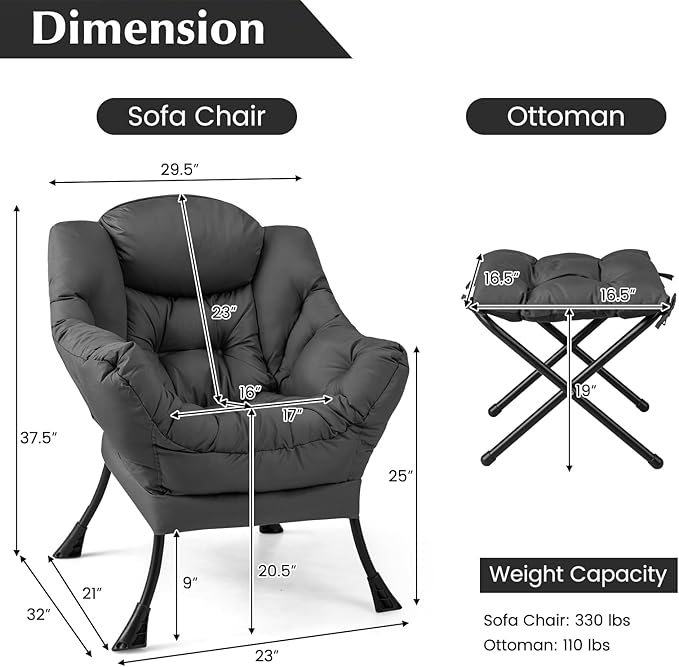 GOFLAME Lazy Chair with Ottoman Modern Large Accent Chair with Folding Footrest Head Pillow Armrests and Side Storage Pocket Upholstered Reading Chair for Living Room Bedroom Office Grey