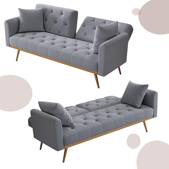 Modern Velvet 2 in 1 Futon Sofa BedConvertible Folding Sleeper Bed Couches with 2 Pillows73 Tufted Recliner Love Seat with Golden Chrome Legs for Living Room Apartment Office (Grey-New)