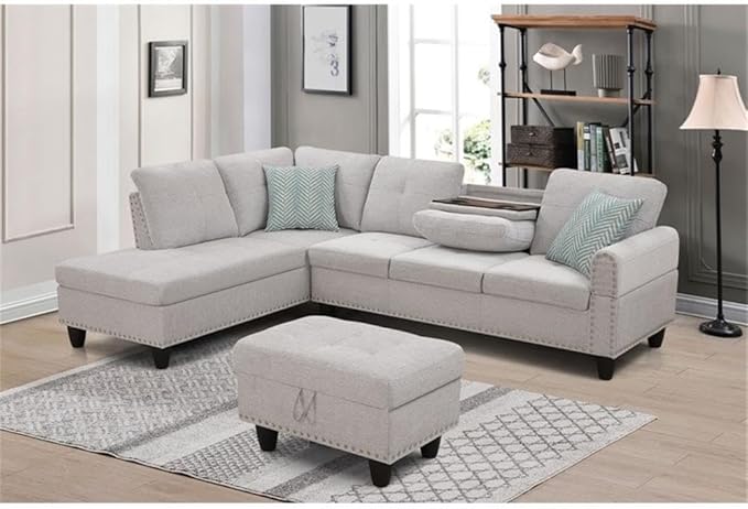 Devion Furniture Polyester Fabric Sectional Sofa with Lift-top Storage Ottoman Tufted Design in Light Gray Finish