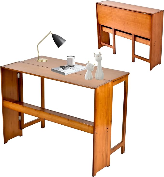 41'' Bamboo Folding Desk with Bookshelf – Space-Saving Computer Desk for Small Spaces Foldable Study Table Mid Century Modern for Home Office &amp Bedroom - Brown