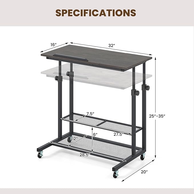 Giantex Mobile Standing Desk Adjustable Rolling Computer Desk w/Tilting Desktop &amp Storage Shelves PC Laptop Table Small Compact Desk on Wheels for Small Space Living Room &amp Bedroom (Black
