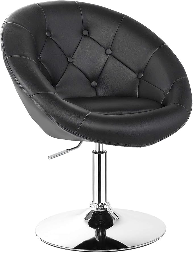 COSTWAY Vanity Chair Contemporary Height Adjustable Makeup Chair with Chrome Frame Tufted Round-Back Modern Swivel Accent Chair for Lounge Pub Bar Black