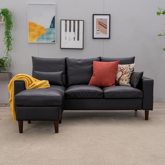 Panana Sectional Sofa Modern Deep 3-Seat Sofa Couch with Ottoman Upholstered Furniture for Living Room Apartment Studio Office (Black Artificial Leather Track Arms)