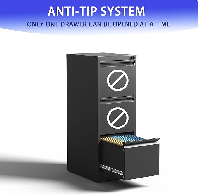 3 Drawer Metal Vertical File Cabinet with Lock Office Home Steel Vertical File Cabinet for A4 Legal/Letter Size (Black)