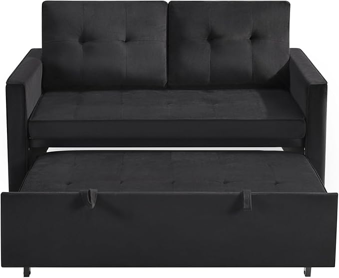 Sofa Bed Pull Out Couch with Side Pockets 3 in 1 Velvet Fabric Loveseat Sleeper Sofa Bed Pull Out Couch with Adjustable Backrest for Living Room Bedroom Apartment Black 53 Inch