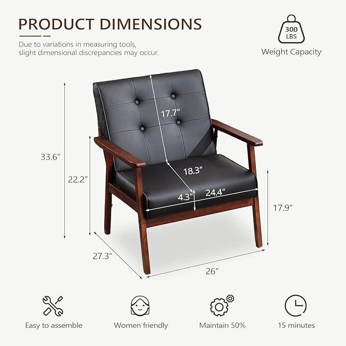 JIASTING Mid-Century Retro Modern Leather Accent Chair Set of 2 Wooden Arm Chair Upholstered Tufted Back Lounge Chairs for Office Living Room