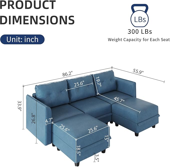 LLappuil Modular Sectional Sofa Convertible U Shaped Couch with Storage Faux Leather Fabric Waterproof Sectional Couch for Living Room 86.2 Width 5 Seat Modular Sofa Navy Blue