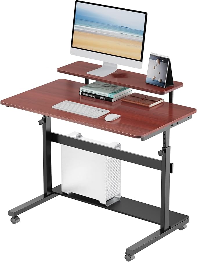 Eureka Ergonomic Mobile Standing Desk 41 Inch Lockable Home Office Height Adjustable Computer Desk PC Table with Hutch Teak Top