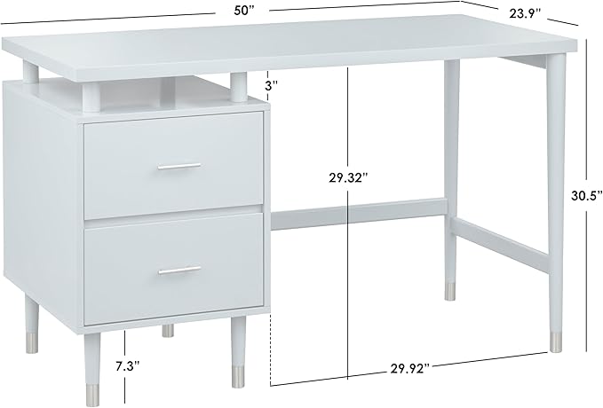 Margo 50 Wide Mid-Century Modern Wood Desk with Drawers Stylish Elevated Top Design Solid Pine Wood Tapered Legs Computer Desk for Home Office &amp Study Blush Pink