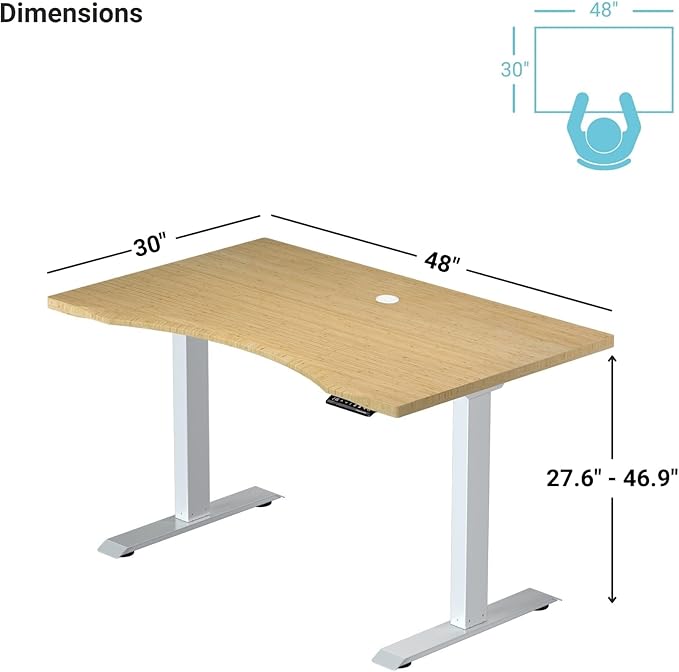 Progressive Desk Stand Up Electric Standing Desk Compact Home Office Table White Frame and Light Bamboo Ergo-Cut Tabletop Prime Ryzer 48 x 30