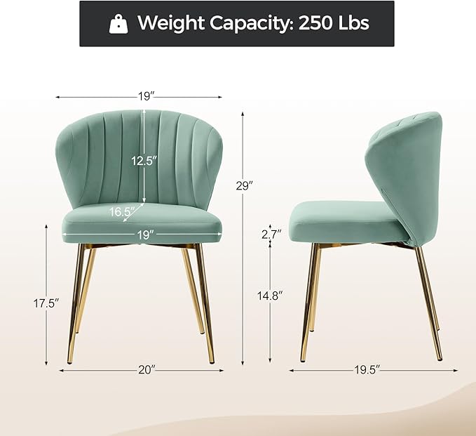 HULALA HOME Velvet Dining Chairs Modern Small Armless Accent Chair with Gold Metal Legs Living Room Upholstered Cute Side Chair Elegant Tufted Back Vanity Chair for Bedroom/Beauty Room-SAGE