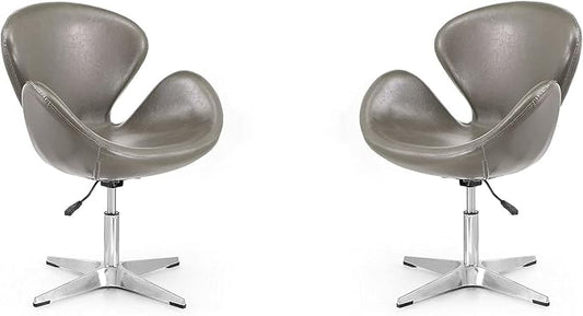 Manhattan Comfort Raspberry Adjustable Swivel Accent Chair Set of 2 with 360° Turn Polished Chrome Base Modern Retro Design Ideal for Living Room and Home Office Pebble Faux Leather