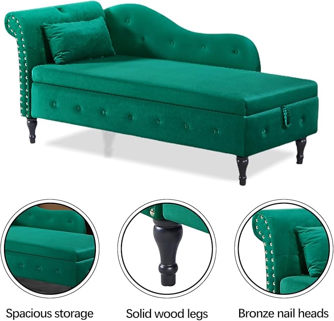 60 Modern Velvet Chaise Lounge IndoorUpholstered Lounge Chair with Left Armrest and Lumbar Pillow Button Tufted Lounge Sofa for Living Room Bedroom OfficeMini Chaise Longue Sofa (Green Storage)