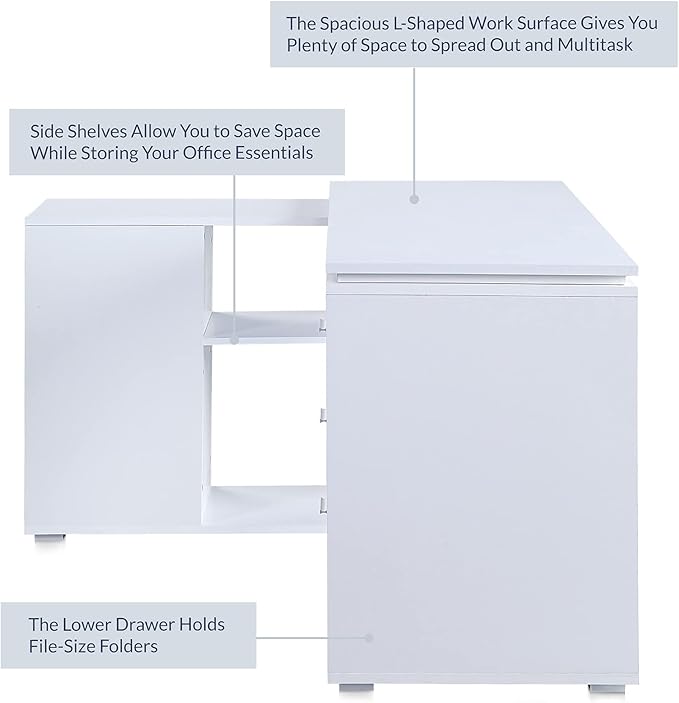 BELLEZE L Shaped Computer Desk 60” Study Writing Table Home Office Desk Morden Corner Workstation Setup with Adjustable Storage Shelves and 3 Drawers White
