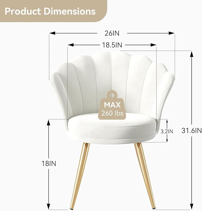 Hatchsun Velvet Accent Chair with Gold Metal Legs Shell Back Vanity Chair for Makeup Room Bedroom Living Room Beige Upholstered Guest Chair 26x31.6 Inches 260 lbs Capacity (White)