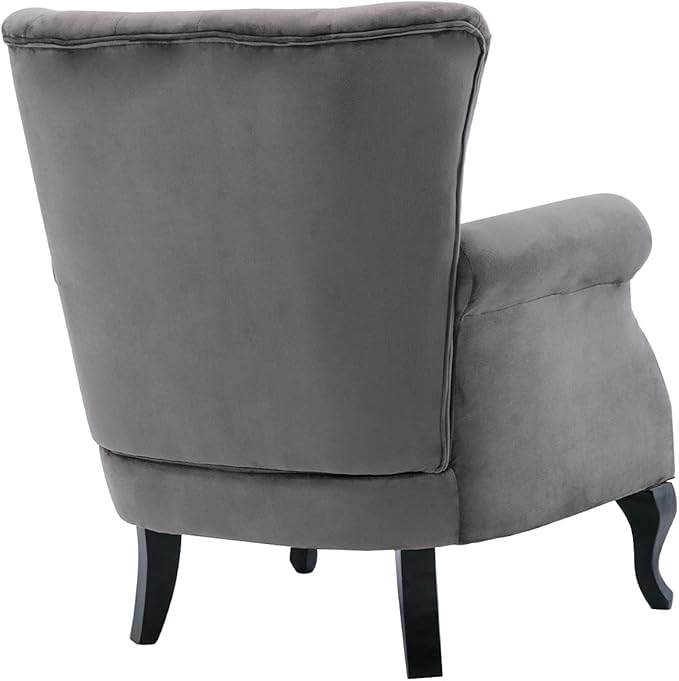 Kmax Velvet Tufted Accent Chair Mid Century Oversized Chair Comfy Sofa Chair Padded Seating WingBack Unique Wood Legs Home Club Bedroom Living Room Grey