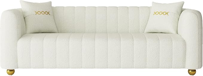83 Velvet White Couch Modern Sofas for Living Room Cream Sofa 3 Seater Solid Wood Frame with Gold Metal Legs and Two Pillows Comfy Teddy Sofa ﻿