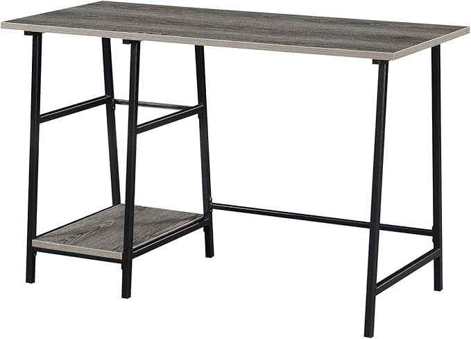 Pemberly Row Trestle Desk 47 in x 20 in x 29.25 in Weathered Gray Particle Board Wood Black Powder Coated Metal Frame Removable Shelves Home Office Workstation Modern Style