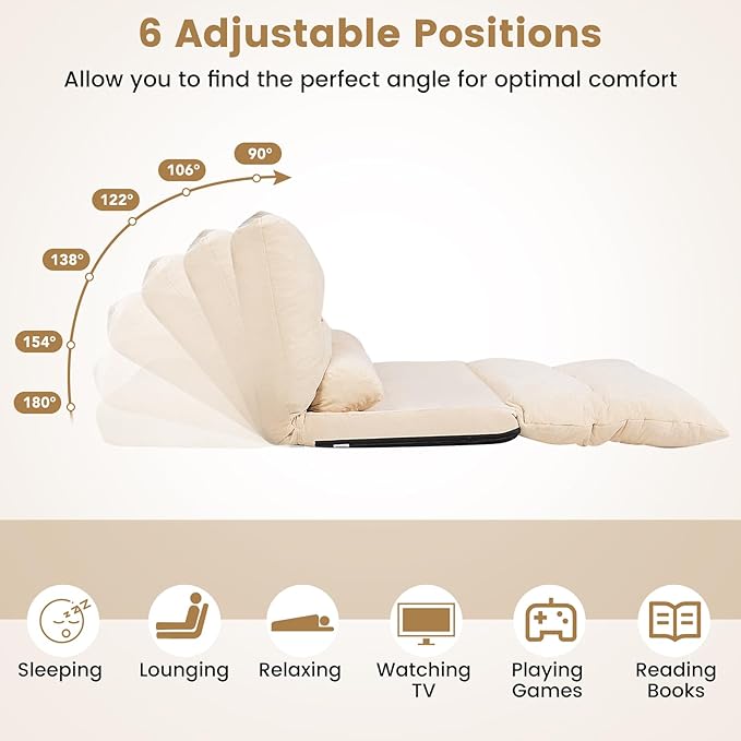 KOMFOTT Foldable Floor Lazy Sofa with 2 Pillows 6-Position Adjustable Reclining Sofa Sleeper Bed Convertible Futon Couch Bed Floor Couch Lounge for Relaxing Reading Playing Gaming (Beige)