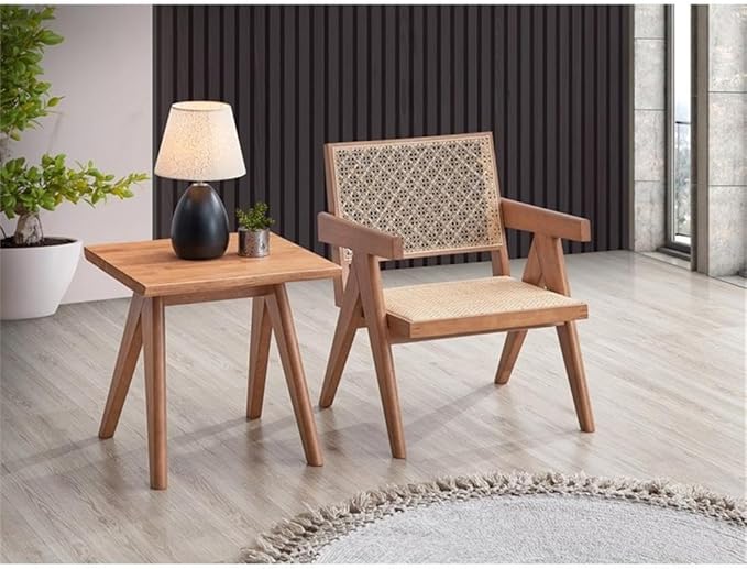Pemberly Row Rattan &amp Wood Accent Chair Natural Finish 32H x 24W x 26D Square Arms Woven Rattan Seat &amp Backrest Rustic Coastal Style Durable Wooden Frame Living Room or Family Room S