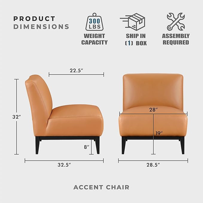 Lexicon Modern Living Room Leather Accent Chair Luxury Genuine 100% Top Grain Leather Upholstered Armless Chair Comfortable Seat Black Solid Wood Legs for Bedroom/Office Easy Assembly Orange