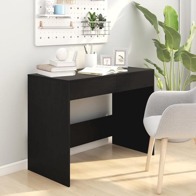 Black Computer Desk 39.8x19.7x30.1 Inches Home Office Study Table with 2 Drawers Engineered Wood Writing Workstation for Small Spaces