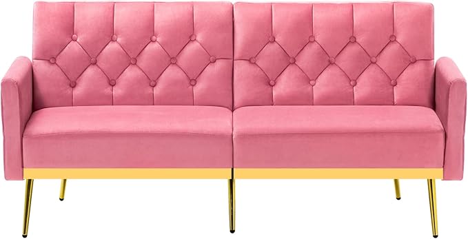 Velvet Futon Sofa Bed w/Adjustable Armrests &amp Backrests Button Tufted Sleeper Couch Modern Convertible Loveseat Sofa for Bedroom Living Room Apartment Pink