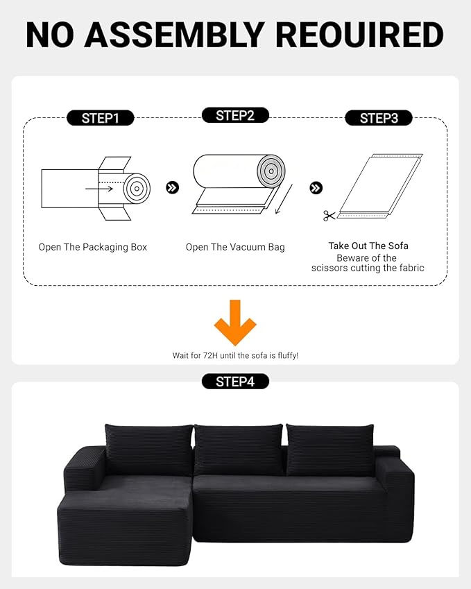 97 Cloud Sectional CouchModern Modular Sectional Sofa with Deep SeatCorduroy Boneless Couches with L-Shape Chaise for Living Room BedroomNo Assembly Required (Black 97 Left Facing Chaise)