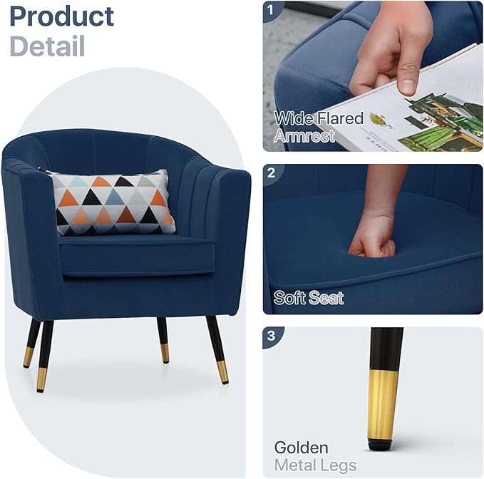 Mid-Century Modern Accent Chair Upholstered Armchair with Lumbar Pillow Single Sofa Chair with Metal Legs for Reading Comfy Barrel Chair for Living Room Bedroom Navy Blue